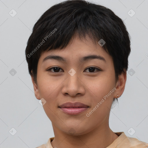 Joyful asian young-adult female with short  brown hair and brown eyes