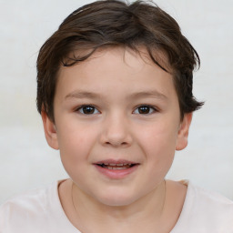 Joyful white child female with short  brown hair and brown eyes