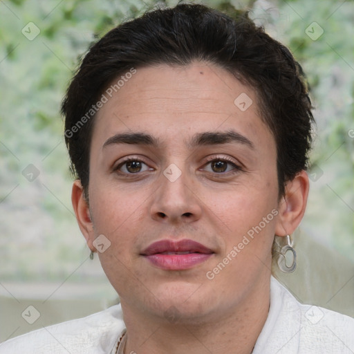 Joyful white young-adult female with short  brown hair and brown eyes