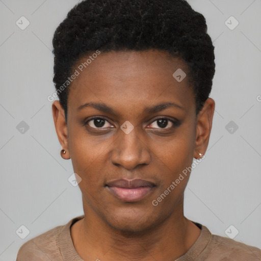 Neutral black young-adult female with short  black hair and brown eyes