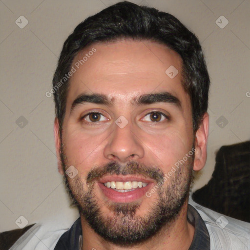 Joyful white young-adult male with short  black hair and brown eyes