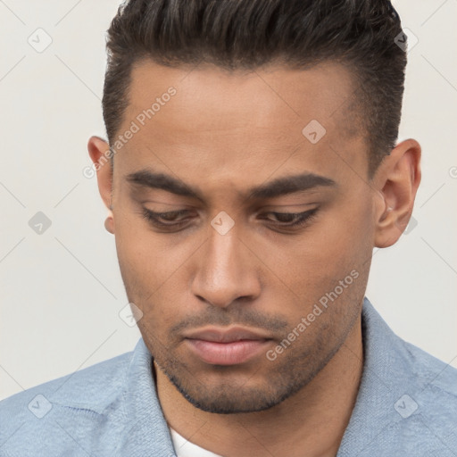 Neutral white young-adult male with short  brown hair and brown eyes