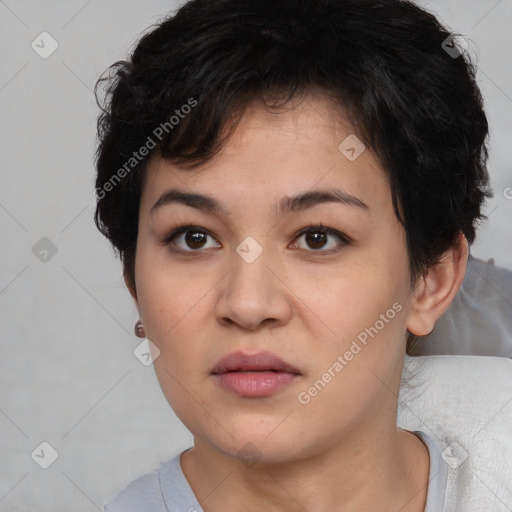 Neutral asian young-adult female with short  brown hair and brown eyes