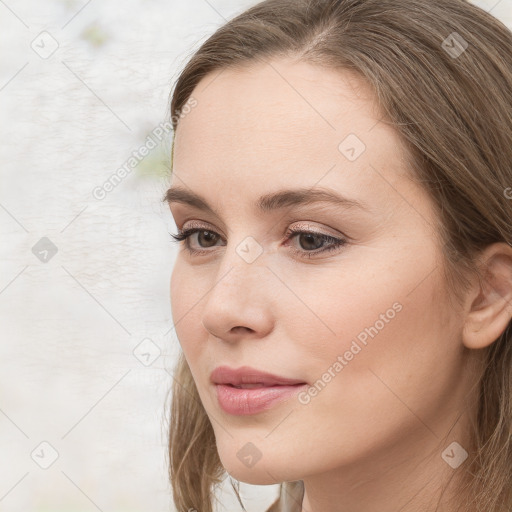 Neutral white young-adult female with long  brown hair and grey eyes