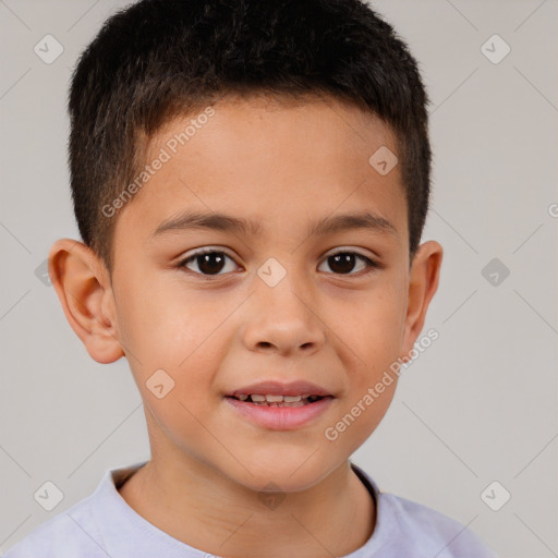 Joyful white child male with short  brown hair and brown eyes