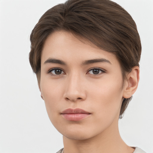 Neutral white young-adult female with short  brown hair and brown eyes