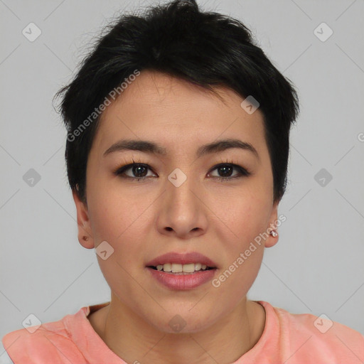 Joyful asian young-adult female with short  brown hair and brown eyes