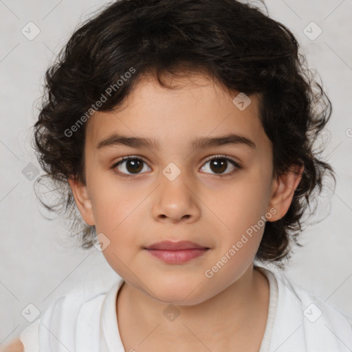 Joyful white child female with medium  brown hair and brown eyes