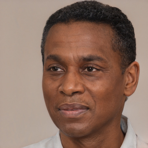 Joyful black adult male with short  black hair and brown eyes