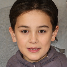 Joyful white child female with short  brown hair and brown eyes