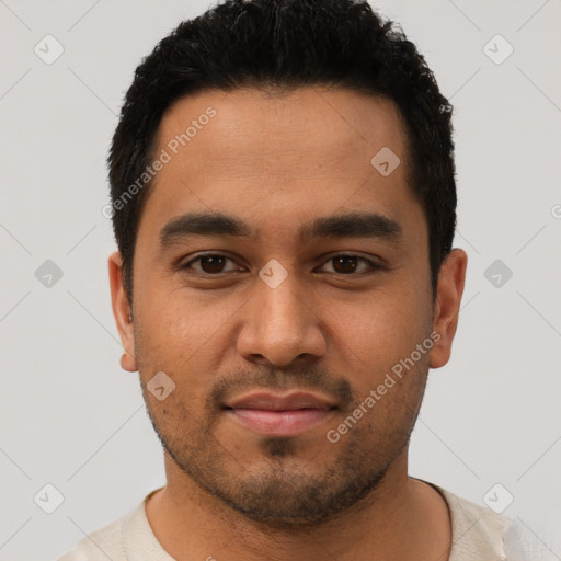 Neutral latino young-adult male with short  black hair and brown eyes