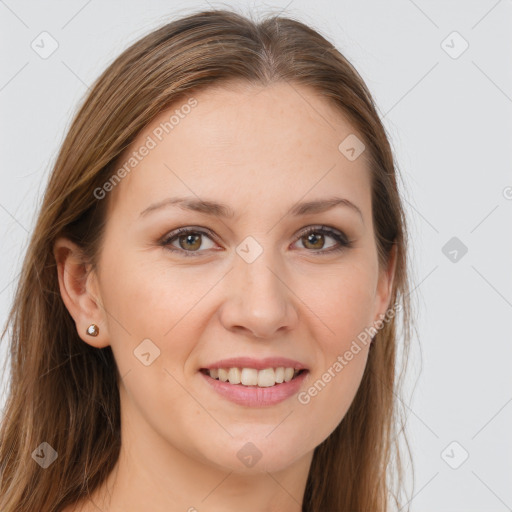 Joyful white young-adult female with long  brown hair and brown eyes