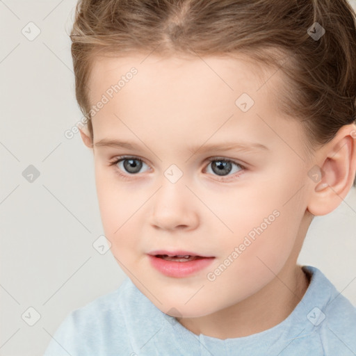 Joyful white child female with short  brown hair and brown eyes