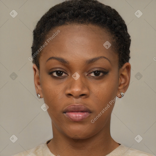 Neutral black young-adult female with short  brown hair and brown eyes