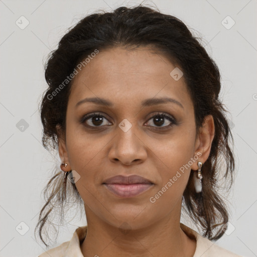 Joyful black young-adult female with medium  brown hair and brown eyes