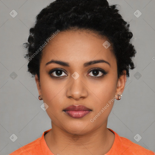 Neutral latino young-adult female with short  black hair and brown eyes