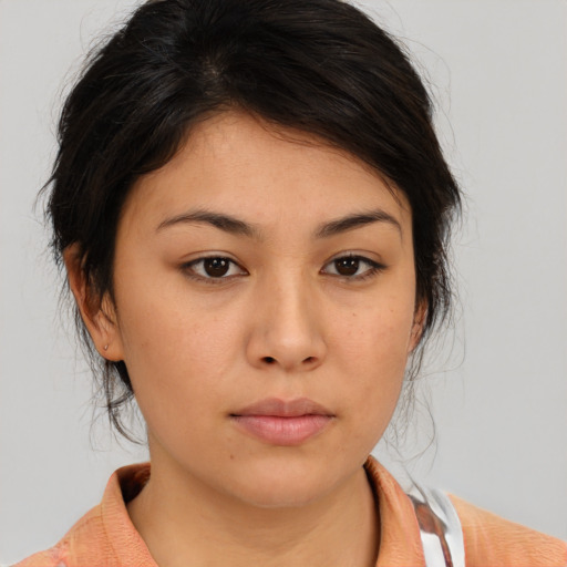 Neutral asian young-adult female with medium  brown hair and brown eyes