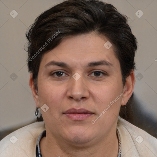 Joyful white adult female with short  brown hair and brown eyes