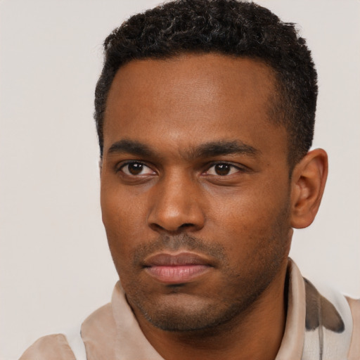 Neutral black young-adult male with short  black hair and brown eyes