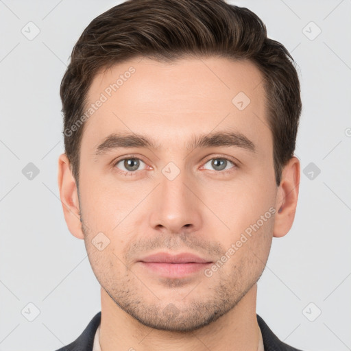 Neutral white young-adult male with short  brown hair and brown eyes