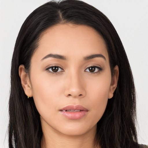 Neutral asian young-adult female with long  black hair and brown eyes