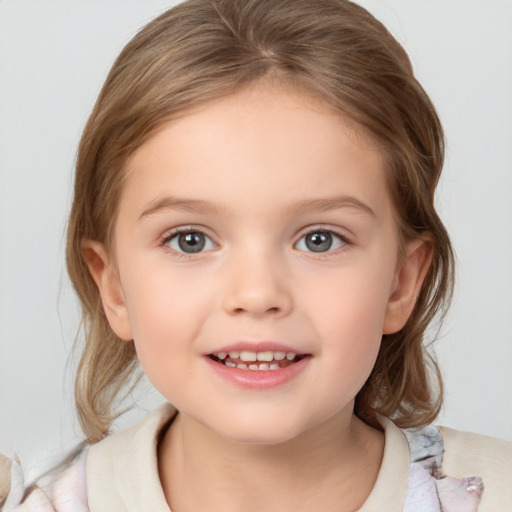 Joyful white child female with medium  brown hair and blue eyes