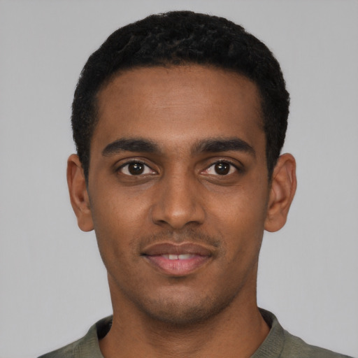 Neutral black young-adult male with short  black hair and brown eyes