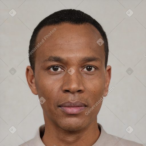 Neutral black young-adult male with short  black hair and brown eyes