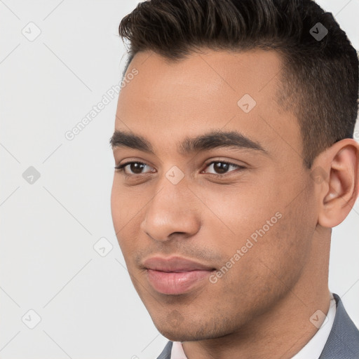 Neutral white young-adult male with short  brown hair and brown eyes