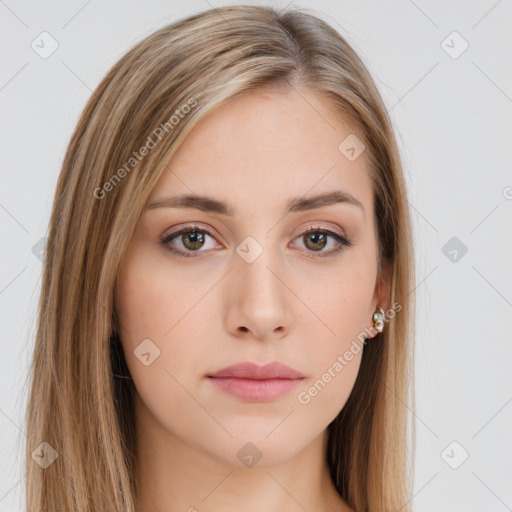 Neutral white young-adult female with long  brown hair and brown eyes