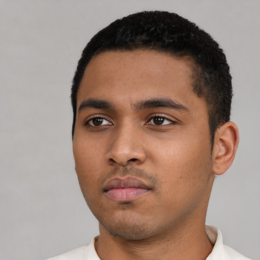 Neutral black young-adult male with short  black hair and brown eyes