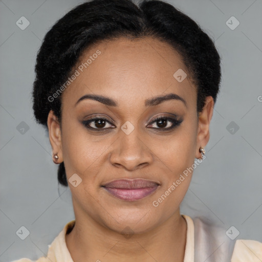 Joyful latino young-adult female with short  brown hair and brown eyes