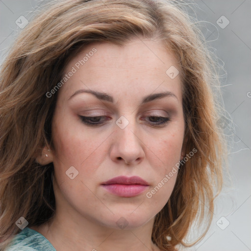 Joyful white young-adult female with medium  brown hair and blue eyes