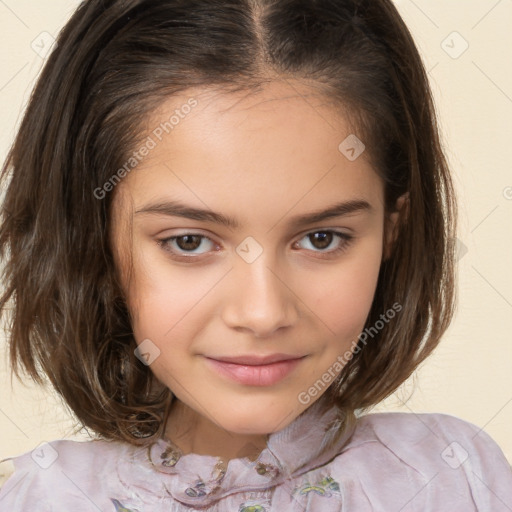 Joyful white child female with medium  brown hair and brown eyes