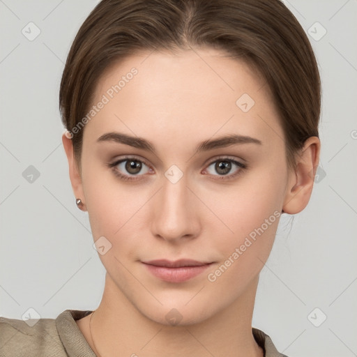 Neutral white young-adult female with short  brown hair and brown eyes