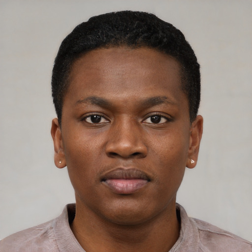 Neutral black young-adult male with short  black hair and brown eyes