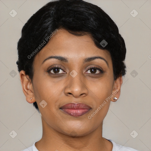 Joyful latino young-adult female with short  brown hair and brown eyes