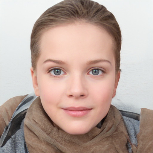 Neutral white child female with short  brown hair and blue eyes