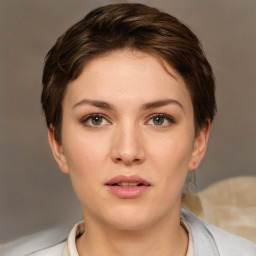 Neutral white young-adult female with short  brown hair and brown eyes