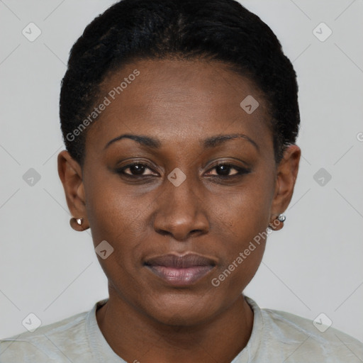 Neutral black young-adult female with short  black hair and brown eyes