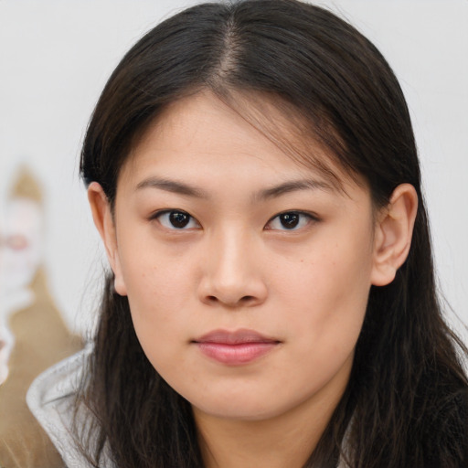 Neutral asian young-adult female with long  brown hair and brown eyes