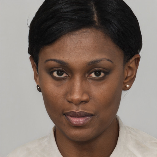 Neutral black young-adult female with short  black hair and brown eyes