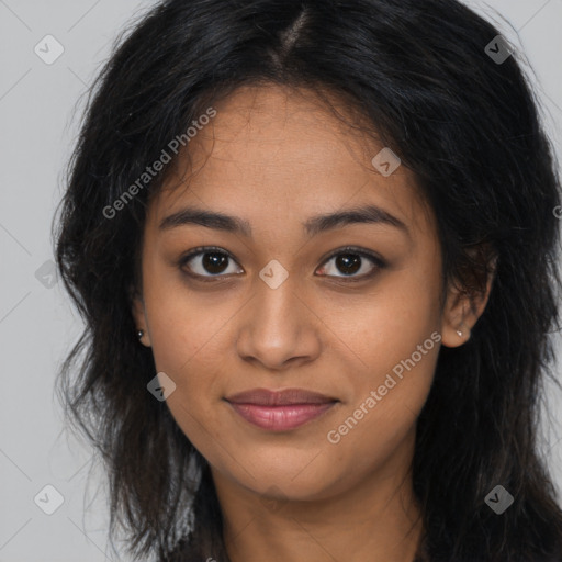 Joyful asian young-adult female with long  brown hair and brown eyes