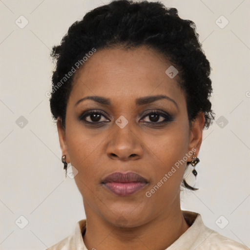 Neutral black young-adult female with short  black hair and brown eyes