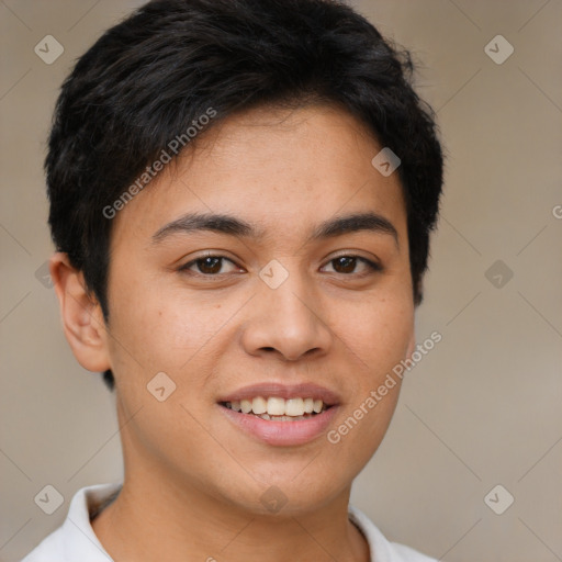 Joyful asian young-adult female with short  brown hair and brown eyes