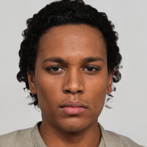 Neutral black young-adult female with short  black hair and brown eyes