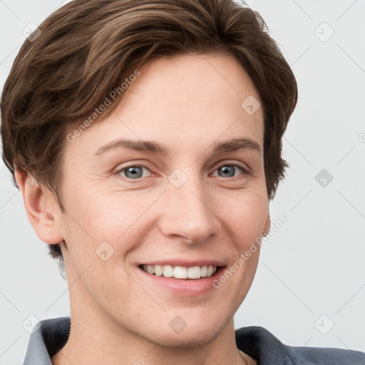 Joyful white young-adult female with short  brown hair and grey eyes