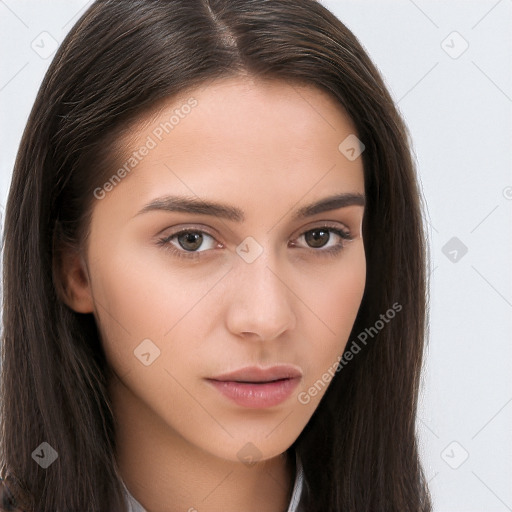 Neutral white young-adult female with long  brown hair and brown eyes