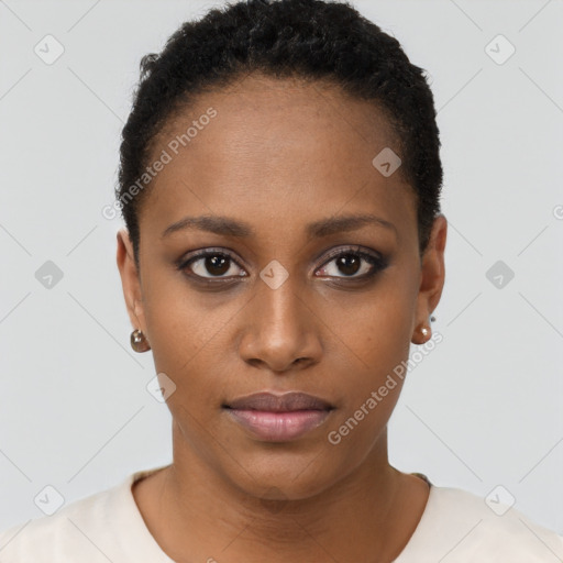 Neutral black young-adult female with short  brown hair and brown eyes