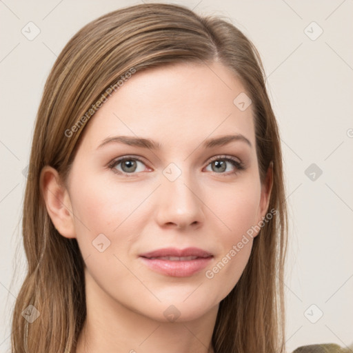 Neutral white young-adult female with long  brown hair and grey eyes